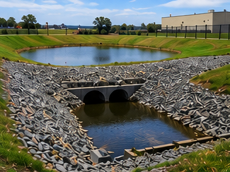 Stormwater detention pond and culvert near a floodplain