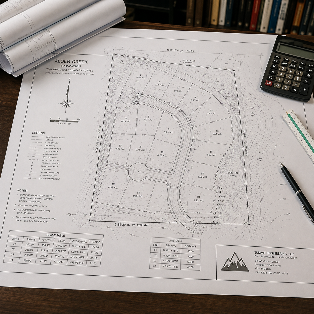 Boundary survey plat drawing on a desk