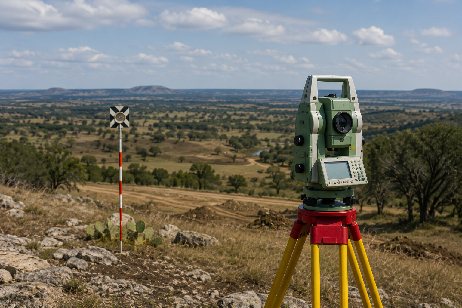 Total station and prism target set up on a Hill Country hilltop